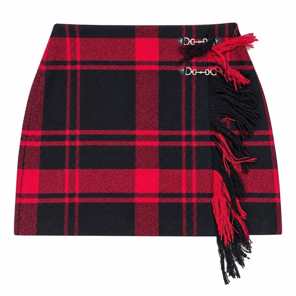 Ann Taylor Weekend Plaid Wrap Effect Skirt Wool 12 Red Black Fringe Preppy Punk - Picture 2 of 7